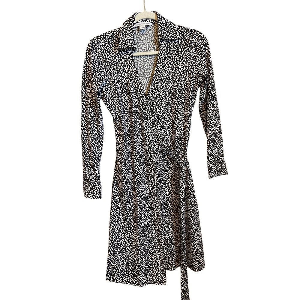Diane‎ von Furstenberg Wrap Dress Black White Long Sleeve Silk Cotton Size 2